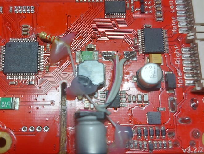 Component side showing replacement trace to pin 49 of the processor chip