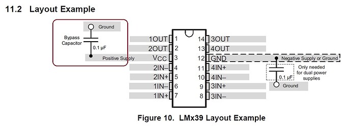 LM-339 annotated Layout showing bypass capacitors